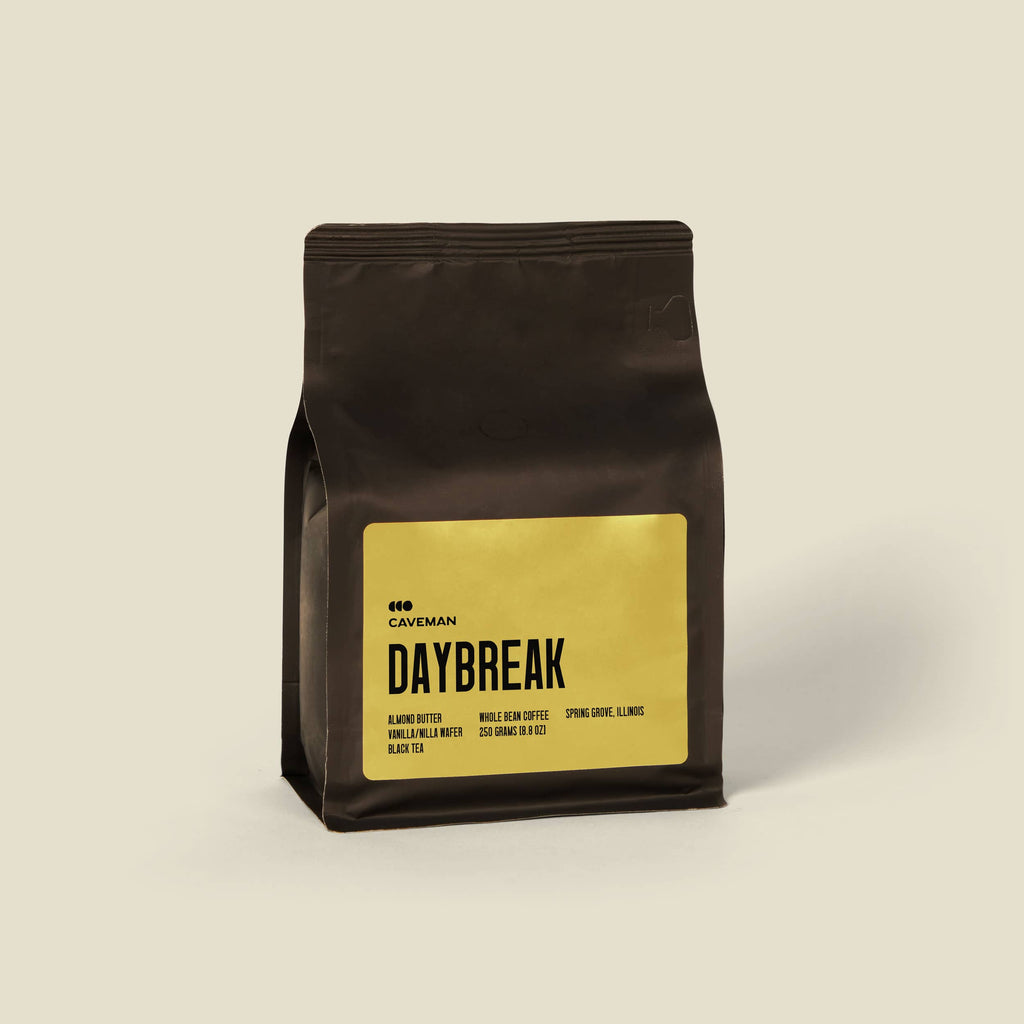 The front of Caveman Coffee's Daybreak Brazilian Blend bag